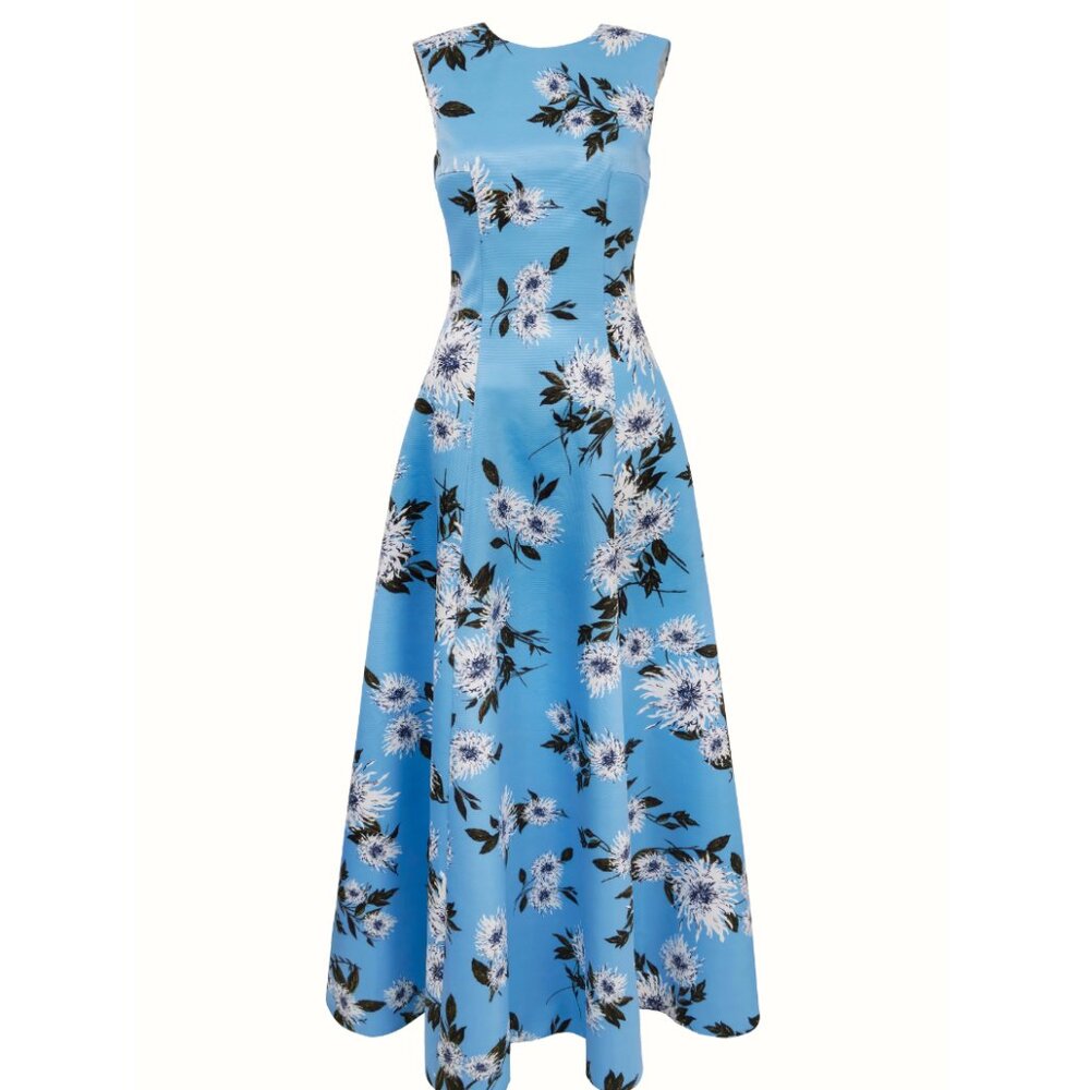 NODIN GOWN IN BLUE DAHLIA FLORAL PRINT TAFFETA FAILLE